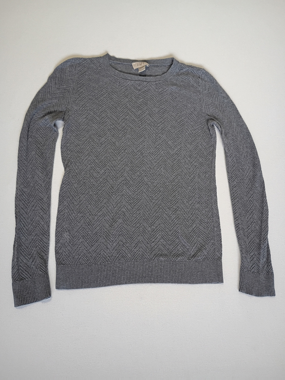 LOFT Gray Chevron Open Knit Pointelle Crewneck Sweater Size M Neutral Normcore